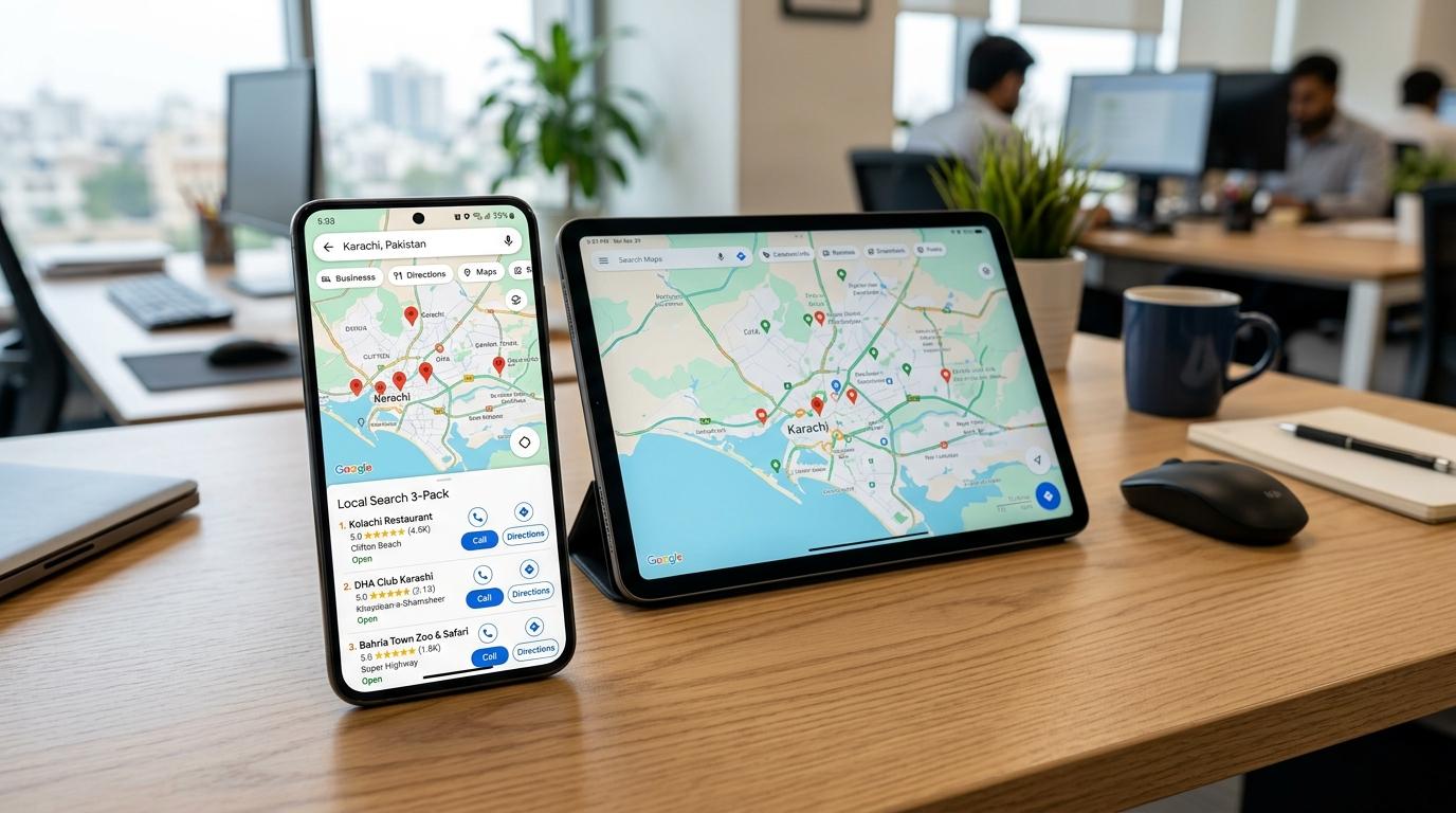 Google Maps Local 3-Pack Search Rankings on Smartphone across Karachi and Bahria Town