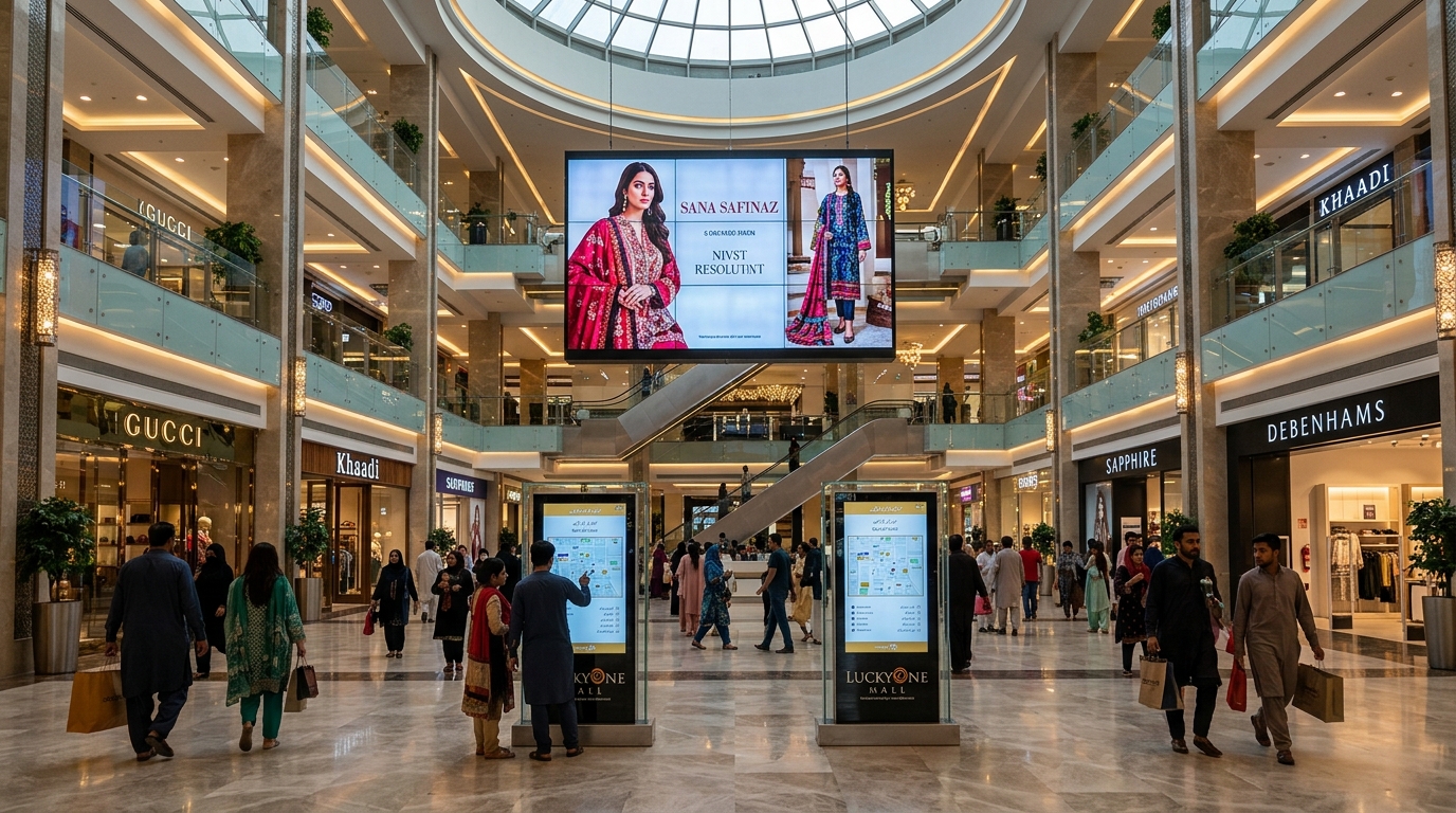 Commercial Digital Signage Video Wall and Interactive Wayfinding Kiosks in High-End Pakistani Shopping Mall Atrium