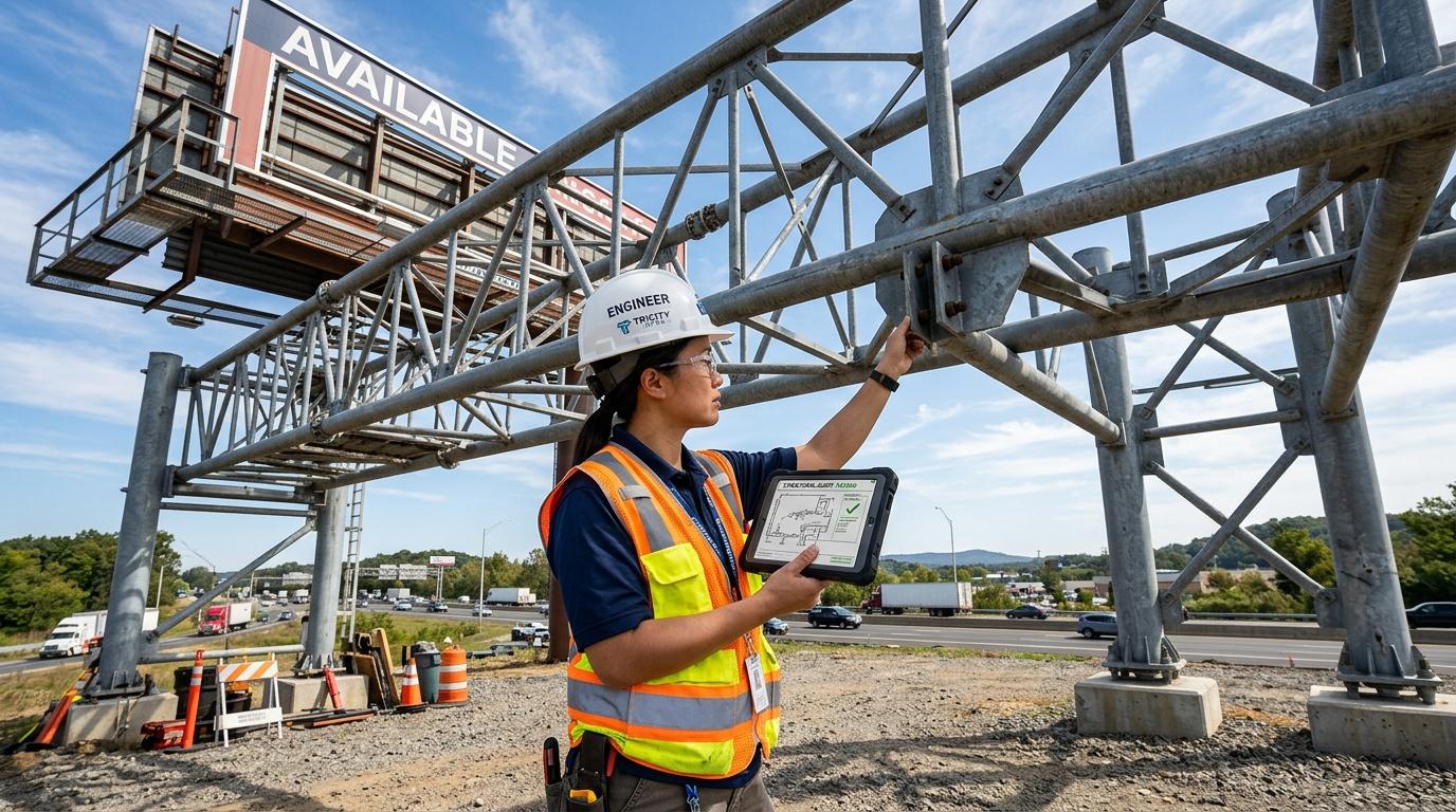 On-ground civil engineering audit and safety inspection for billboard structures and fabrication suppliers