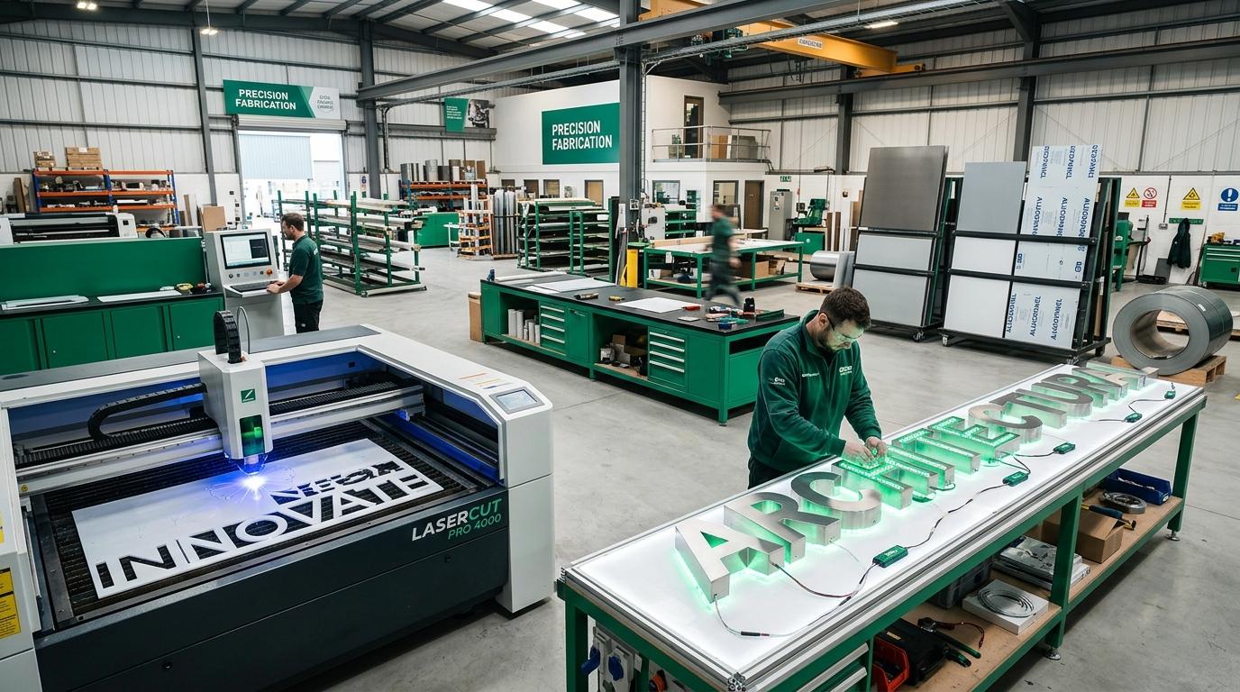 Commercial Signboard Fabrication Workshop with 3D Acrylic Letters and Laser Cutting
